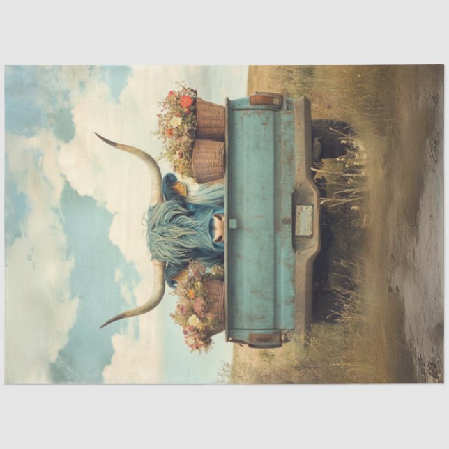 Decoupage Whimsical Blue Hhaar Highland Cow Truck Seidenpapier (Vorderseite)