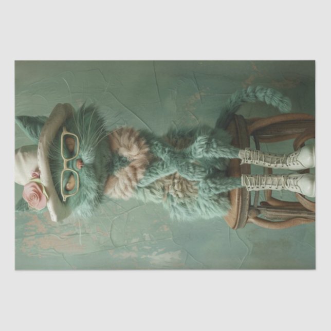 Decoupage Whimsical Cat Rustin Stuhl Vintag Seidenpapier (Vorderseite)