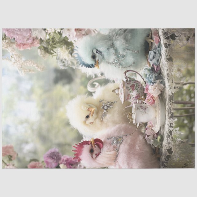 Decoupage Whimsical Fluffy farbige Hühner Party Seidenpapier (Vorderseite)