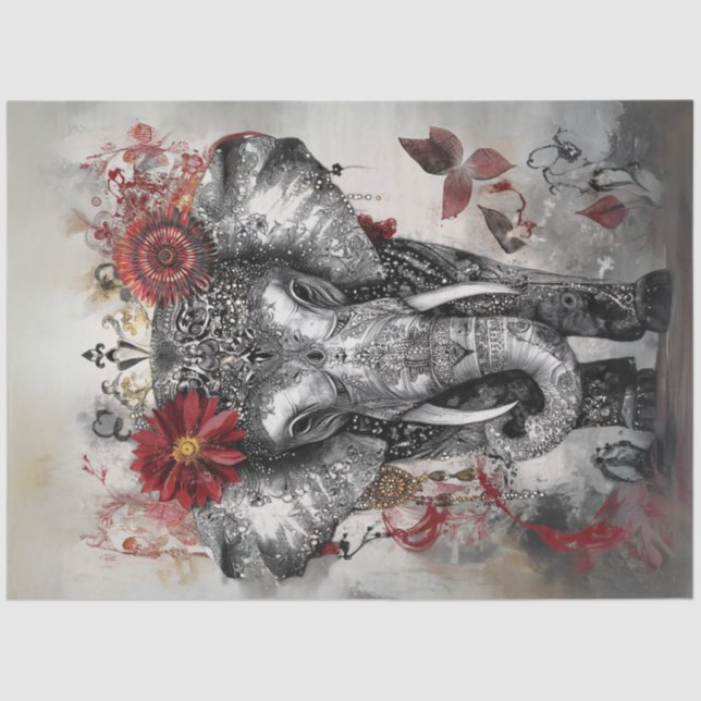 Decoupage Whimsical Intricate Elephant Red Black Seidenpapier (Vorderseite)