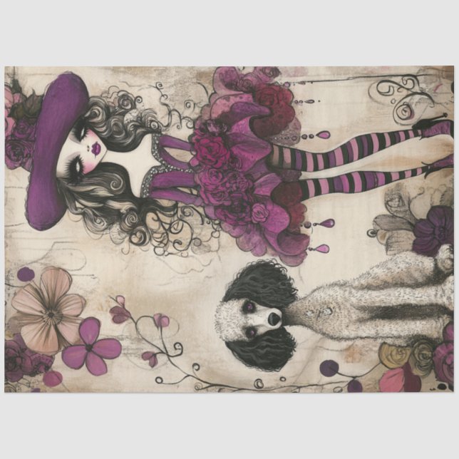 Decoupage Whimsical Kleine Lila Girl & Poodle Seidenpapier (Vorderseite)