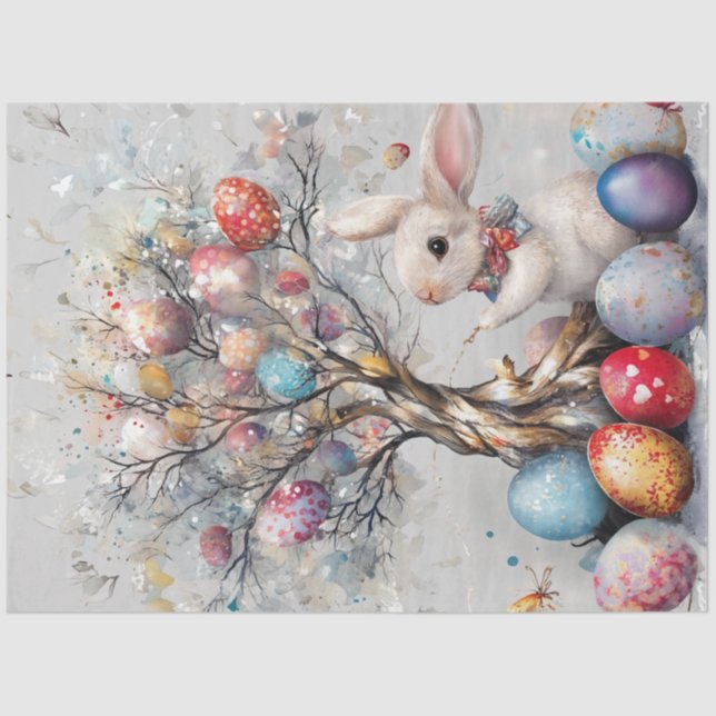 Decoupage Whimsical Oaster Bunny Egg Tree Seidenpapier (Vorderseite)