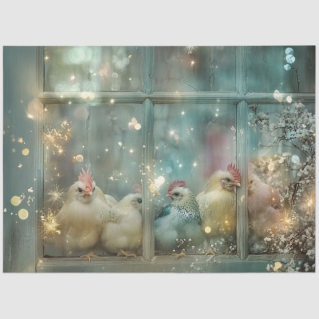 Decoupage Whimsical Pastel Chickens auf Windows Seidenpapier (Vorderseite)