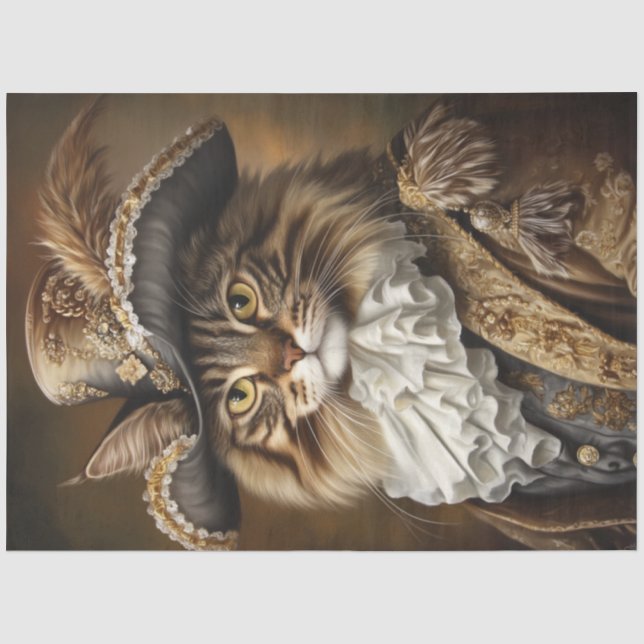Decoupage Whimsical Royal Cat Französisch Kleidung Seidenpapier (Vorderseite)