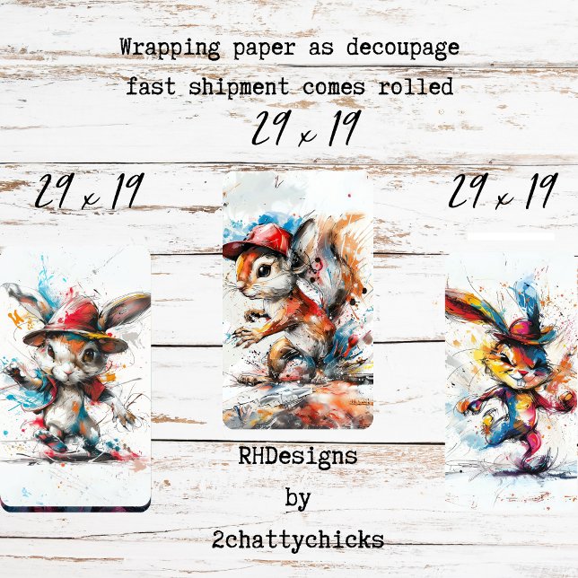Decoupage Whimsical Splash Painted Rabbit Eichhörn Geschenkpapier Set (Von Creator hochgeladen)