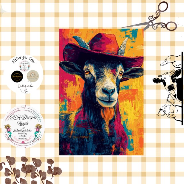 Decoupage Whimsical Vibrant Goat Cowboy Hat Seidenpapier (Von Creator hochgeladen)