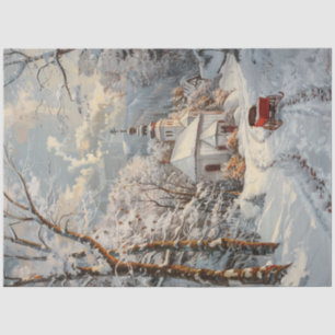 Decoupage Whimsical Winter Church Red Wagon Seidenpapier