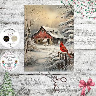 Decoupage-Winterszene Rote Scheune Kardinal Schnee Seidenpapier