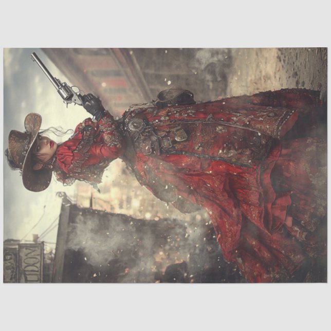 Decoupage Woman Gunslinger Red Verziert Dress Seidenpapier (Vorderseite)