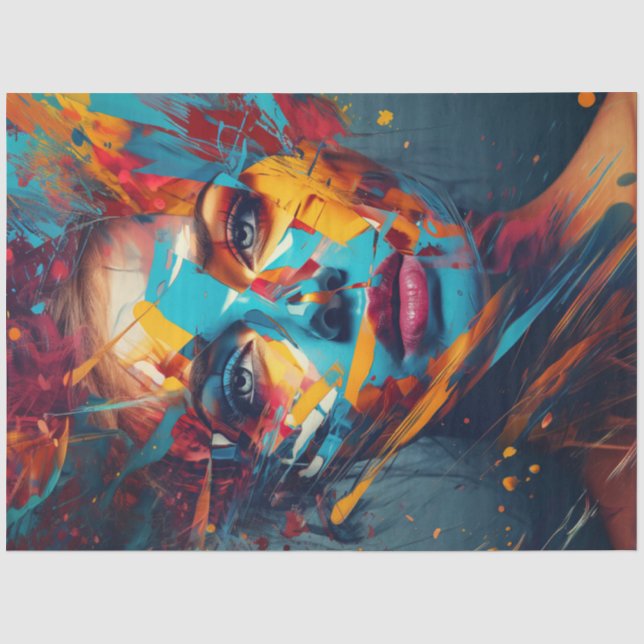 Decoupage Woman's Abstrakt Mixed Media Painting Seidenpapier (Vorderseite)