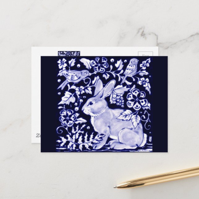 Dedham Blue Rabbit, Classic Blue & White Design Postkarte (Vorderseite/Rückseite Beispiel)