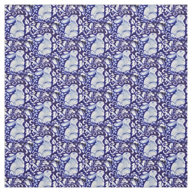 Dedham Blue & White Rabbit, Bird Designer Fabric Stoff (Muster)