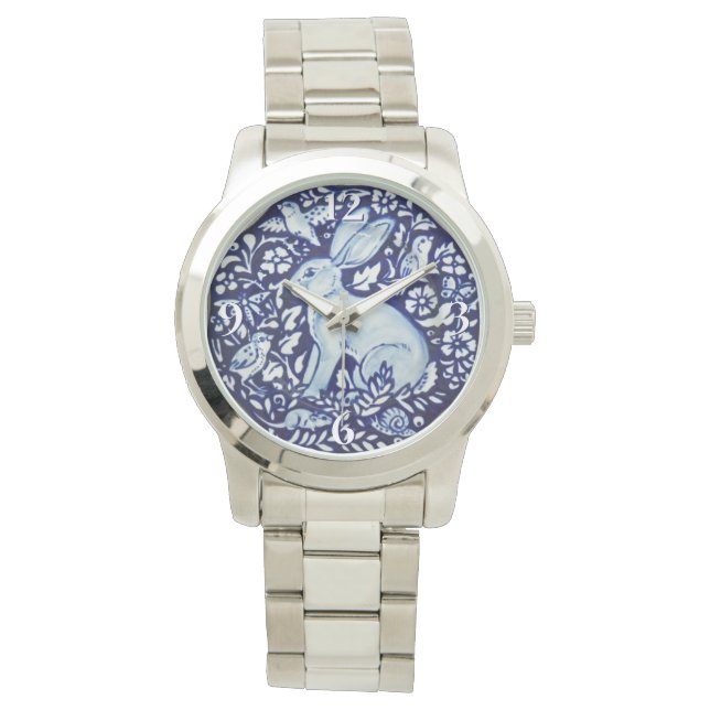 Dedham Cobalt Blue White Rabbit Bird Floral Watch Armbanduhr (Vorderseite)