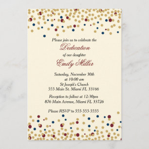 Dédication invitation confetti bleu doré rouge