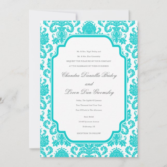 Deep Aqua Weddings Damask Border Template Einladung (Vorderseite)