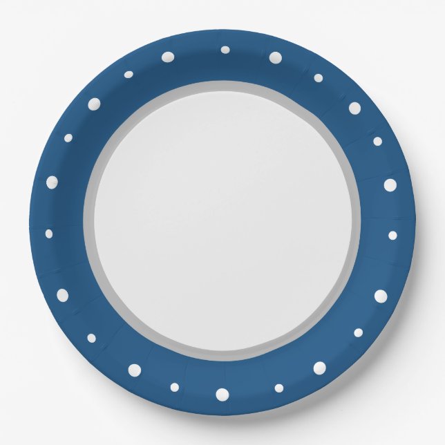 Deep Azure Blue Geometric White Polka Dots Pappteller (Vorderseite)