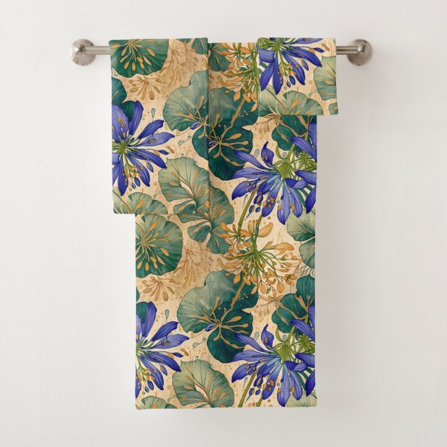 Deep Blue Agapanthus on Tan Badhandtuch Set (Insitu)