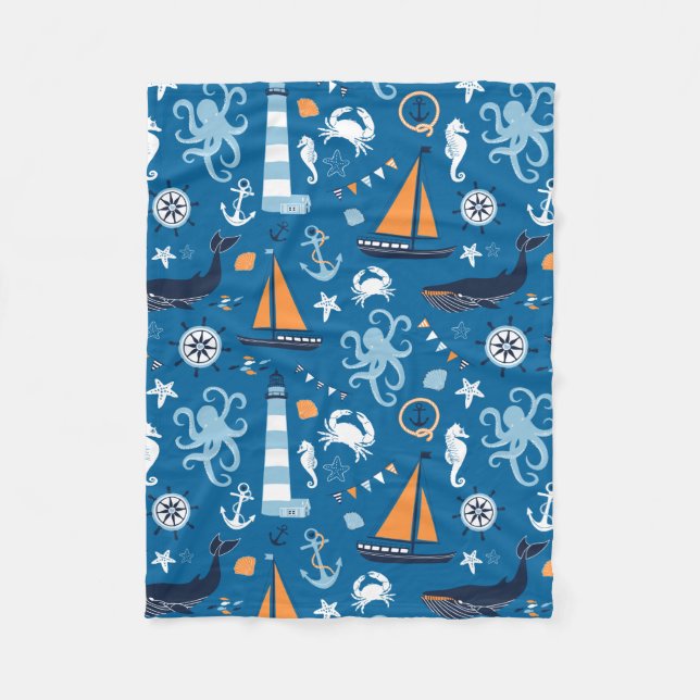 Deep Blue All Things Nautical Fleece Blanket (Vorderseite)
