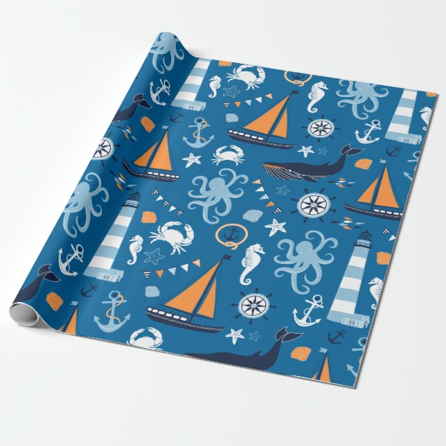 Deep Blue All Things Nautical Geschenkpapier (Ungerollt)
