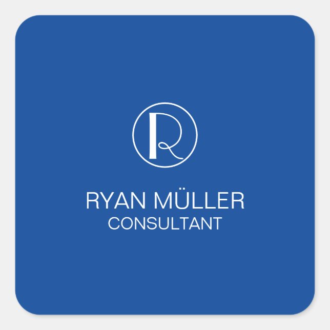 Deep Blue Beruflich Elegant Schlicht Monogram Quadratischer Aufkleber (Vorderseite)