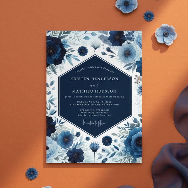 Deep Blue Botanical Bloom Wedding Einladung (Von Creator hochgeladen)