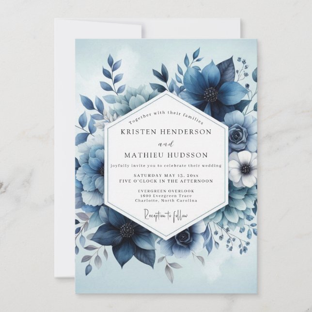 Deep Blue Botanical Whimsy Wedding Einladung (Vorderseite)