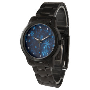 Deep Blue & Bright Snowflakes Unisex Black Watch Armbanduhr