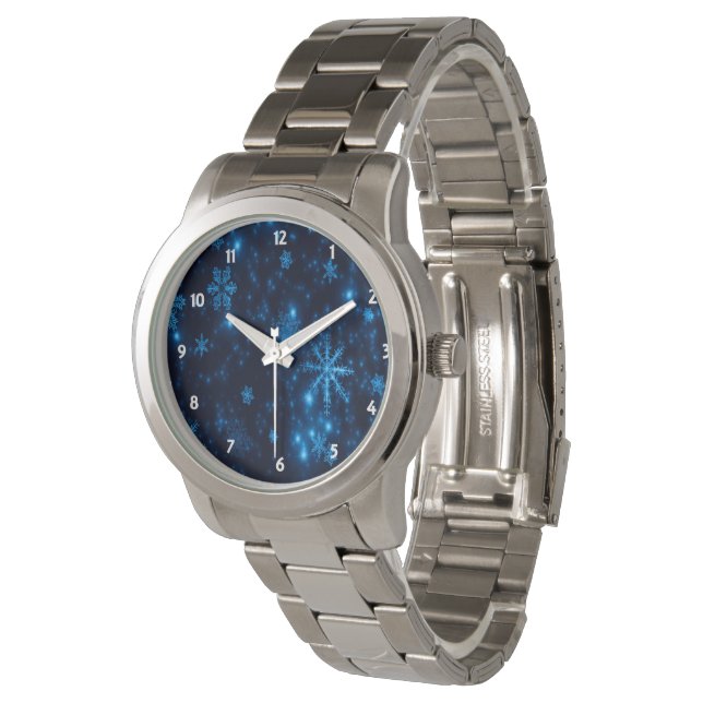 Deep Blue & Bright Snowflakes Unisex eWatch Armbanduhr (Schrägansicht)