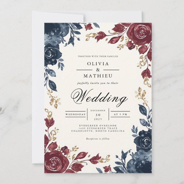 Deep Blue Burgundy Floral Blüh Wedding Einladung (Vorderseite)