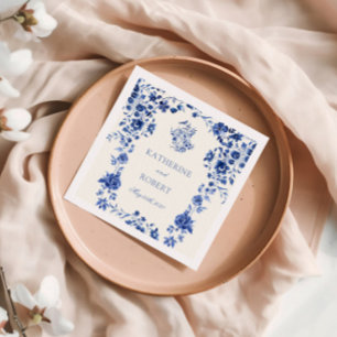 Deep Blue Chinoiserie Vintage Blumenhochzeit Serviette