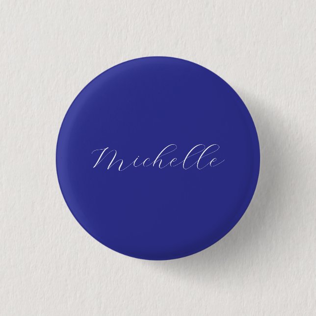 Deep Blue Color Schlicht Moderne Namenskalligraphi Button (Vorderseite)