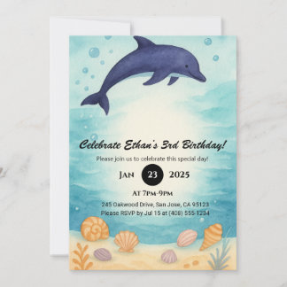 Deep Blue Dolphin & Seashell Ocean Birthday  Einladung