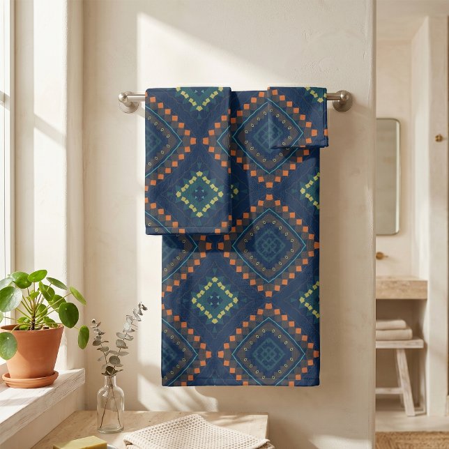 Deep Blue Ethnic Folk Boho Chic Mosaik Muster Badhandtuch Set (Von Creator hochgeladen)
