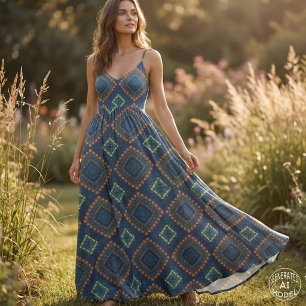 Deep Blue Ethnic Folk Boho Chic Mosaik Muster Stoff