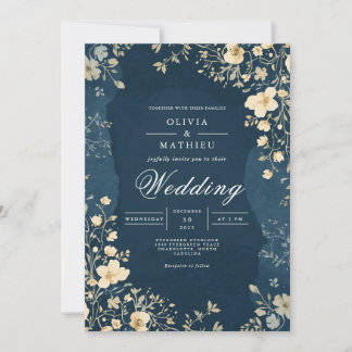 Deep Blue Floral Bloom Wedding Einladung