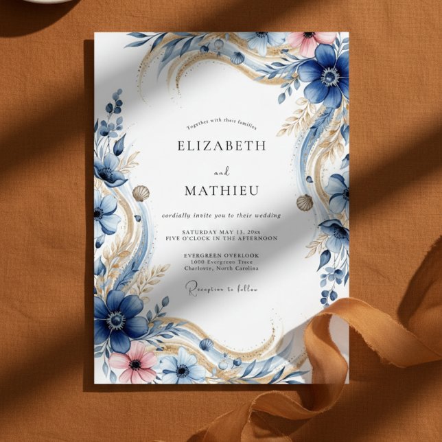 Deep Blue Floral Flourish Wedding Einladung (Von Creator hochgeladen)