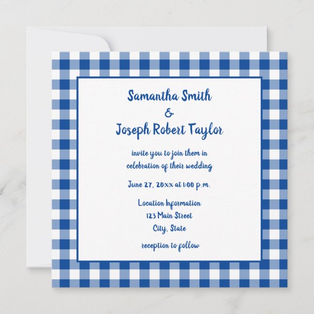 Deep Blue Gingham Country Wedding Einladung (Vorderseite)