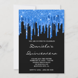 Deep Blue Glitzer Foil Tropfens Black Quinceañera Einladung