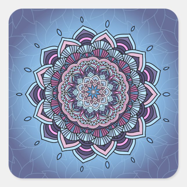 Deep Blue Glow Mandala ID361 Quadratischer Aufkleber (Vorderseite)