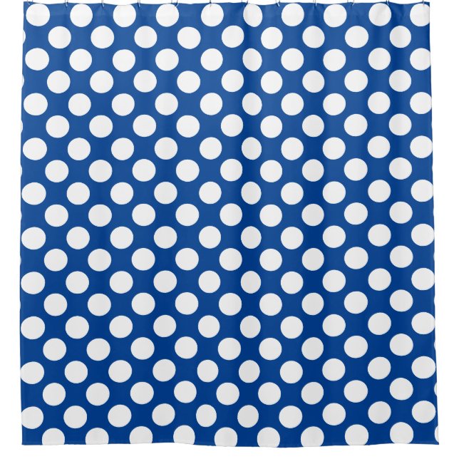 Deep Blue: Grosses weißes Polka Dot Muster Duschvorhang (Vorderseite)