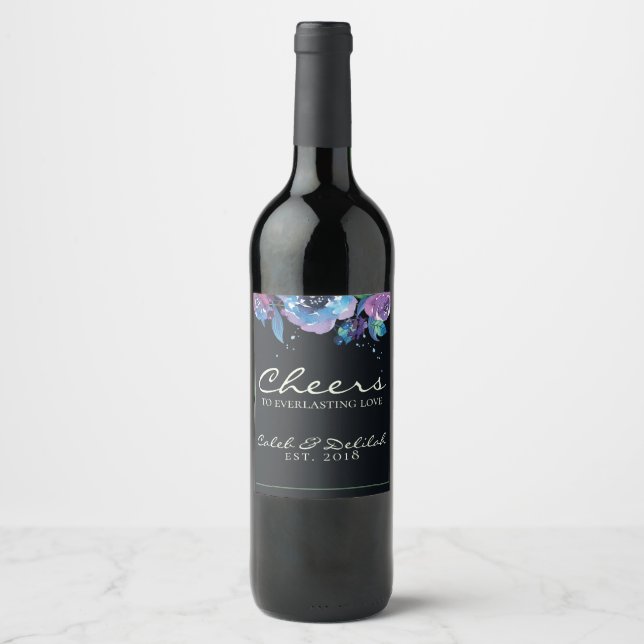 Deep Blue Lila Moody Twilight Floral Wedding Weinetikett (Vorderseite)