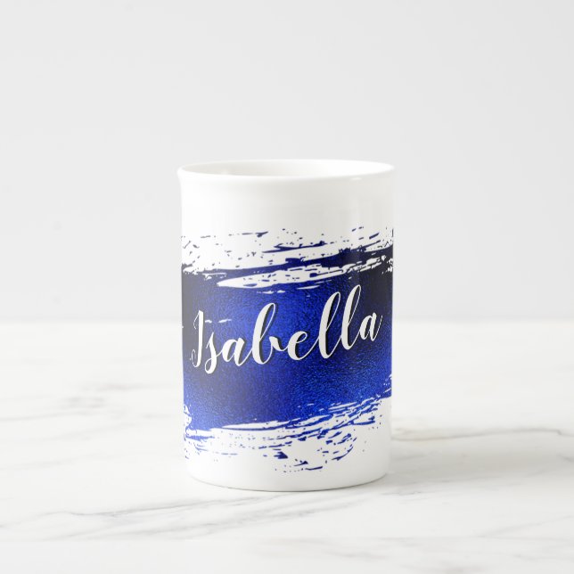 Deep Blue Metallic Paint Stroke Add Name Prozellantasse (Vorderseite)