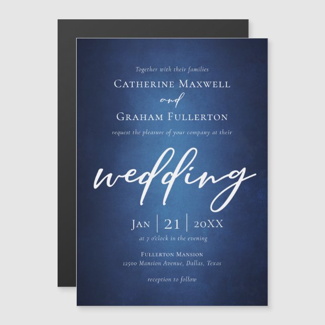 Deep Blue Minimalistisch Typografy Lakeside Weddin Magneteinladung (Vorne/Hinten)