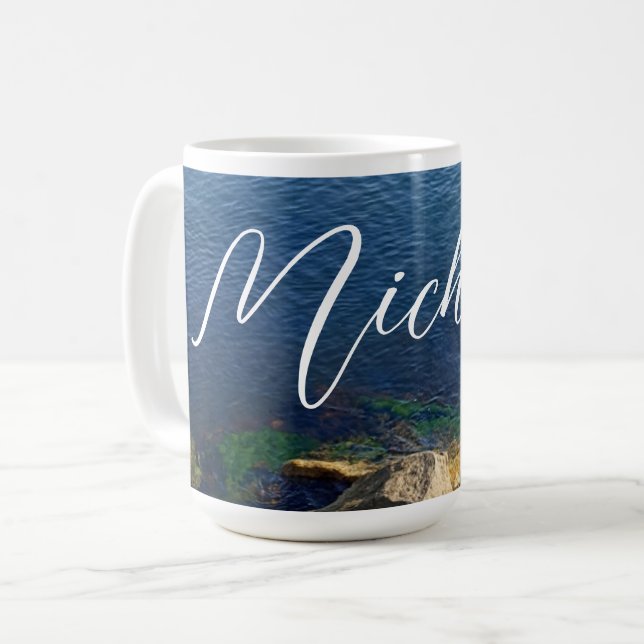 Deep Blue Ocean Foto Individuelle Name Flowy Lette Kaffeetasse (Vorderseite Links)