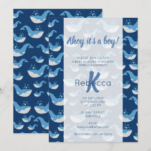 Deep Blue Ocean Whale Muster Ahoy Boy Baby Dusche Einladung