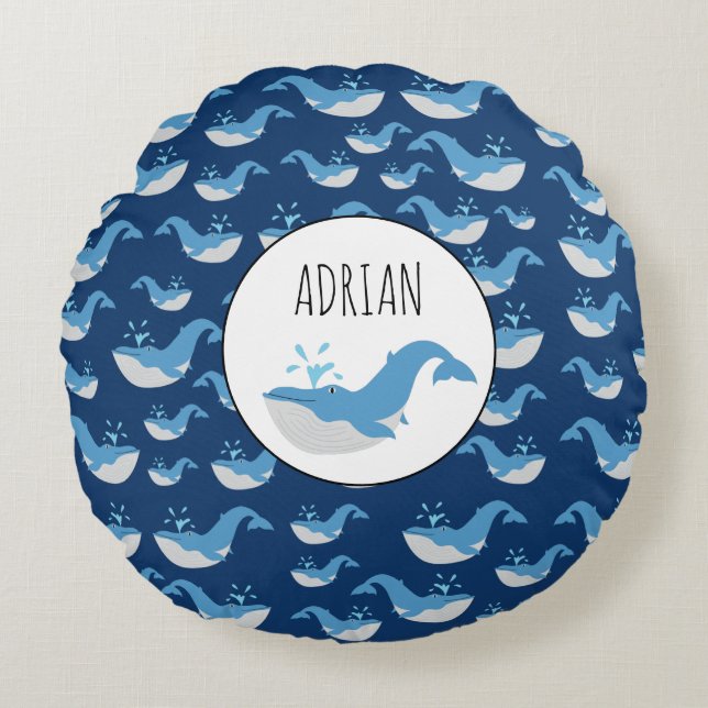 Deep Blue Ocean Whale Muster Individuelle Name Rundes Kissen (Vorderseite)
