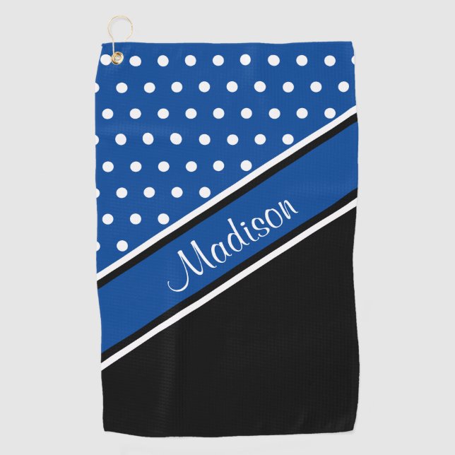 Deep Blue Polka Dot Black Diagonal Script Name Golfhandtuch (Vorderseite)
