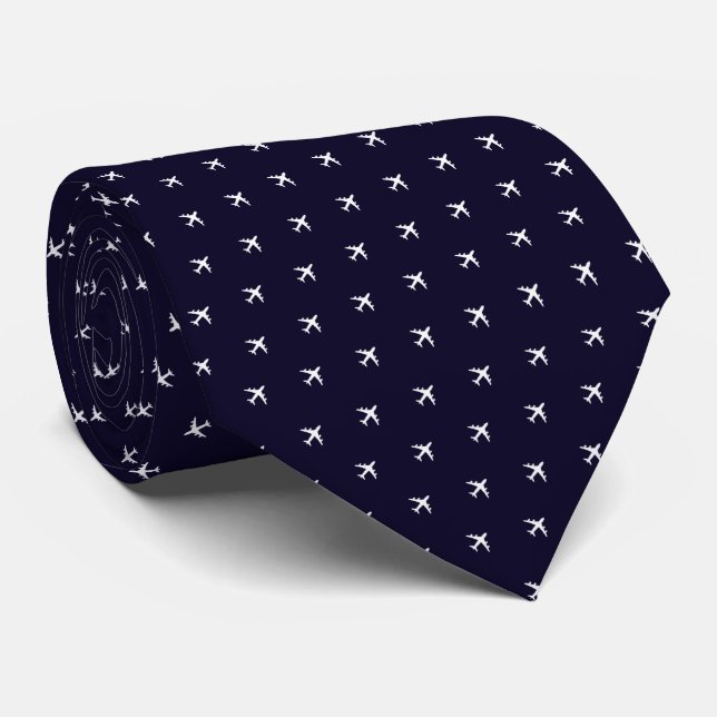 Deep Blue Tie of Small White Airplanes Krawatte (Gerollt)