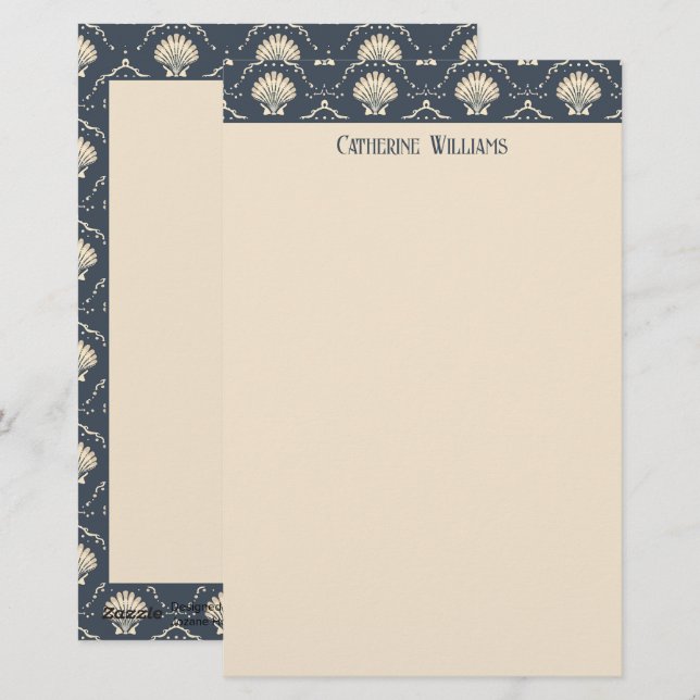 Deep Blue und Cream Seashell Muster Personalisiert Briefpapier (Vorne/Hinten)