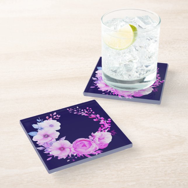 Deep Blue und Pink Floral Glasuntersetzer (Schrägansicht)